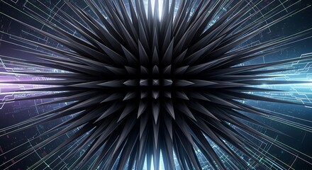 Abstract spiky sphere with neon grid background, a futuristic technological display