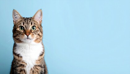 Obraz premium Playful tabby cat sitting against soft blue background portrait photography indoor studio relaxed atmosphere creative pet concept