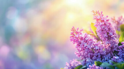 Obraz premium Close-up of vibrant purple lilac flowers bathed in golden sunlight against dreamy pastel bokeh background, symbolizing spring's beauty and freshness.