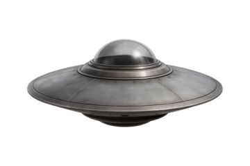 Metallic UFO Flying Saucer with Dome on Transparent Background