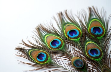 Obraz premium Collection of vibrant peacock feathers intricate eye patterns in shades of green, blue, gold. Naturally ornate plumes offer detailed texture, abstract design element, perfect for decorative artistic