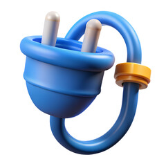 Stylized Electrical Plug with Cord, a 3D Render Featuring Smooth Blue Plastic and Pale Yellow Accents on Black