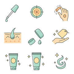 Illustrative pastel icons depicting essential elements of skincare, beauty routines, cosmetic products, and dermatological health for modern wellness.