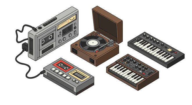 Retro music collection: isometric turntable, cassette player, and synthesizers