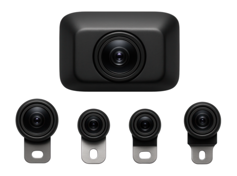 Bird's-eye view camera set featuring discreet, low-profile lenses for installation in vehicle bumpers