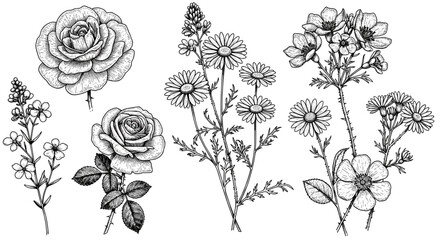 Intricate black and white floral botanical drawings: roses, daisies, and wildflowers