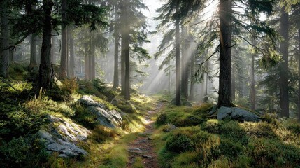 Obraz premium Serene Forest Pathway with Sunlight Filtering Through Tall Green Trees and Lush Underbrush