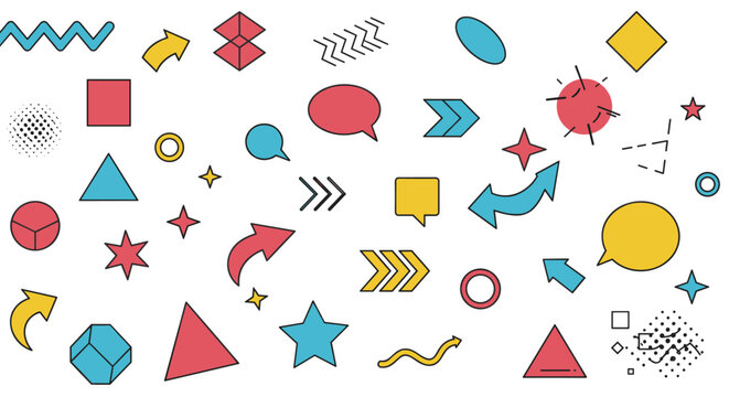 Colorful geometric shapes with speech bubbles and arrows on white background