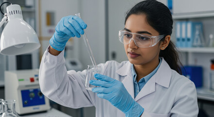 young indian female scientist wearing gloves and goggles working in lab with test tubes. scientific research and analysis, liquid testing. national water quality month. environmental campaign.