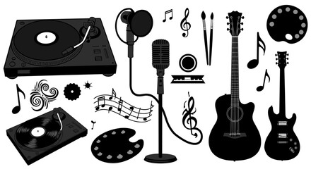Music studio equipment and instruments in artistic silhouette collection