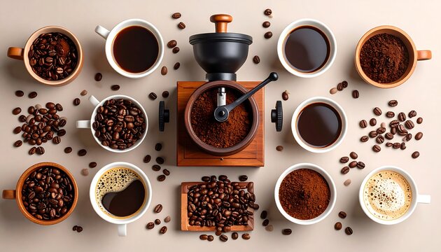 Coffee Beans with Grinder, Cups, and Flatlay.