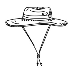 Panama hiking doodle, hand-drawn. Nature clothing, sun protection. Graphics, engraving, shading. Black ink drawing, marker, liner for designing postcards, packaging. Picnic, tourism, hiking