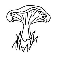 Mushroom single in grass doodle, hand-drawn chanterelle. Graphics, engraving, shading. Drawing in black ink, marker, liner for designing postcards, packaging. Picnic, tourism, hiking. Natural element