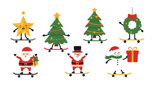Festive characters on skateboards: christmas fun with santa, snowman, trees, and more