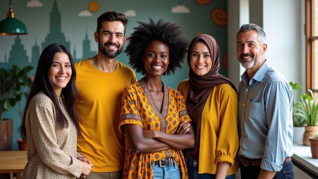 Un grupo de empleados diversos de diferentes culturas sonriendo juntos, simbolizando el trabajo en equipo global y la inclusión cultural
