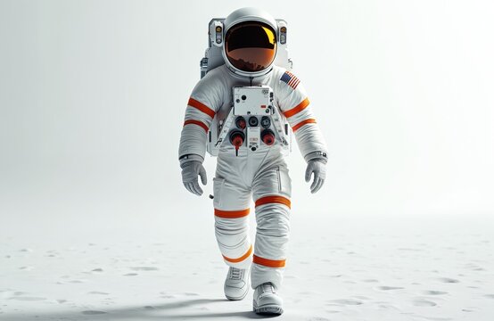 Astronaut in white spacesuit with orange helmet visor walking on white surface. American flag on suit. Three-dimensional rendering. Futuristic concept. Space exploration, modern tech, science - Powered by Adobe