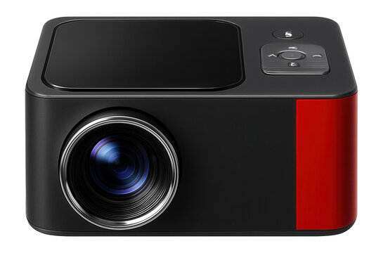 Bluetooth projector with a bold red accent stripe and a top-loading disc drive