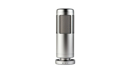 Title: Polished cylindrical studio microphone with brushed steel finish isolated on clean white background