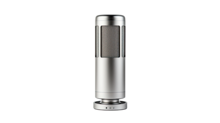 Title: Polished cylindrical studio microphone with brushed steel finish isolated on clean white background