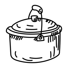 doodle-drawn pot with handle. Cookware with lid for cooking over campfire. Graphics, engraving, shading. Black ink drawing, marker, liner for designing postcards and packaging. Picnic, hiking, camping