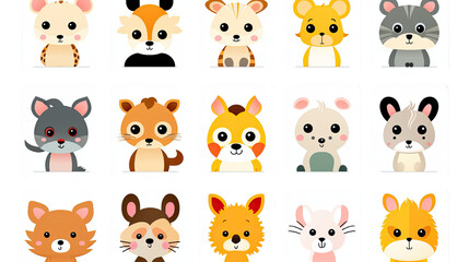 Fototapeta premium Title: Colorful Set of Adorable Zoo Animal Flashcards for Kids Learning and Education Isolated on White Background