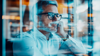 Focused mature businessman reflecting on intricate digital data displayed on transparent screen, embodying strategic insight and technological contemplation in modern office.
