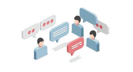 Isometric 3d people engaging in online chat with speech bubbles