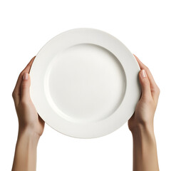 Hands Holding Empty White Plate Isolated on White Background