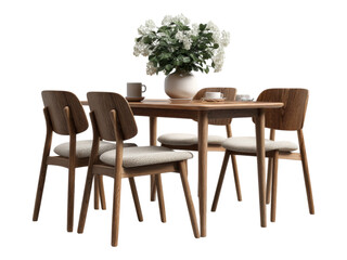 Dining table setup with floral centerpiece modern interior furniture arrangement bright atmosphere eye-level perspective