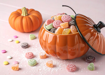 Orange pumpkin candy dish overflowing with colorful assorted sweets and scattered candies on pink background