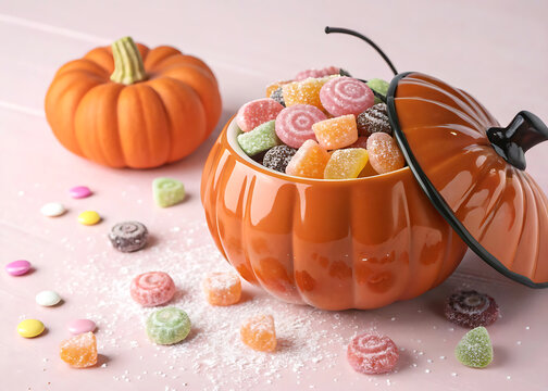 Orange pumpkin candy dish overflowing with colorful assorted sweets and scattered candies on pink background