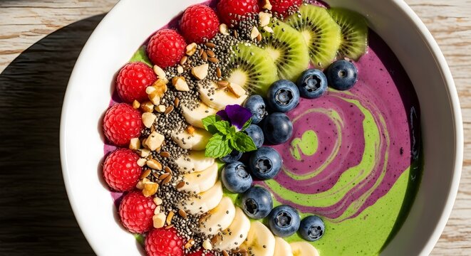 Overhead shot of a vibrant smoothie bowl with raspberries, banana slices, blueberries, and kiwi arranged in a row on top of a colorful swirl of purple and green smoothie.