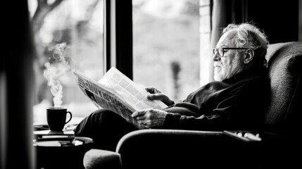 Elderly man with white beard and glasses deeply engrossed in his morning newspaper by sunlit window, steaming hot coffee cup beside him, creating peaceful and contemplative black and white scene.