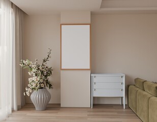 A minimalist living room scene features a light beige wall with a large, vertically oriented blank poster in a light wood frame, a white dresser, a vase of white blossoms