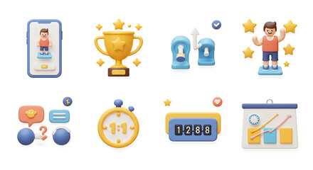 3D Fitness, Success & Competition Icon Set - Trophies, Scoreboard, Timer, Charts