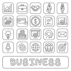 Flat vector business icons set, handshake, teamwork, growth chart, contract, office, innovation, finance, startup, communication, management, global corporate concept