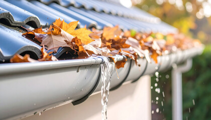 Close-up of rain gutter clogged with wet autumn leaves, water overflow, urban house roof edge, documentary style, high detail, copy space for text,