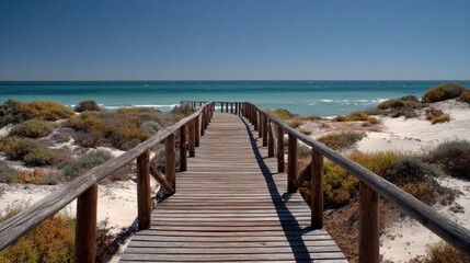 Obraz premium Tranquil Wooden Boardwalk Path Leading Through Coastal Dunes Towards Calm Ocean Under Clear Blue Sky