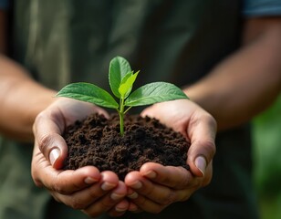 Hands cradling young plant in rich soil sustainable agriculture, environmental growth. Represents Arbor Day, farming, horticulture, nature conservation efforts promoting healthy ecosystems.