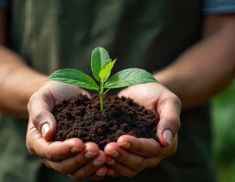 Hands cradling young plant in rich soil sustainable agriculture, environmental growth. Represents Arbor Day, farming, horticulture, nature conservation efforts promoting healthy ecosystems.