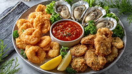 Fototapeta premium Seafood platter with fried shrimp, fresh oysters, sauce, lemon, and coleslaw