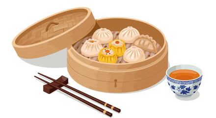 Traditional chinese dim sum feast with dumplings and tea in bamboo steamer