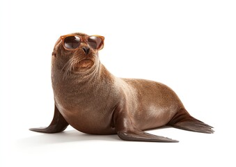 Obraz premium A brown seal wearing sunglasses is laying on its back