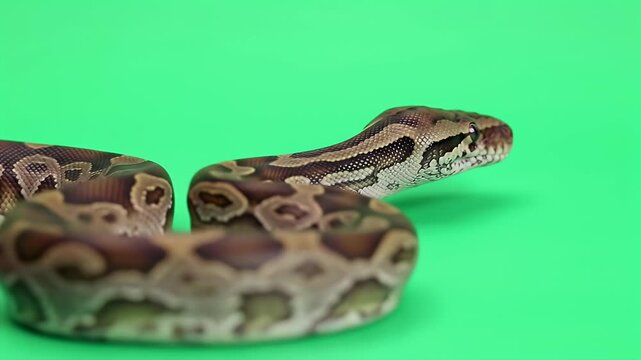 Exotic Python Snake with Intricate Brown and Tan Patterns on a Bright Green Chroma Key Background, Captive Reptile, Close-up View