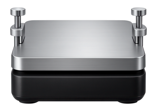 Compact magnetic platform with adjustable clamps and smooth metallic finish for laboratory use