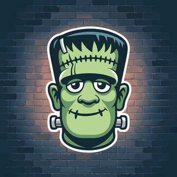Cartoon illustration of a friendly green Frankenstein monster head with stitches and neck bolts.
