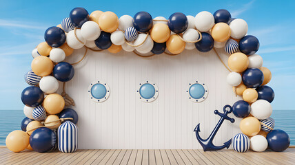 Nautical Balloon Arch Backdrop with Seashells, Anchor Prop, and Rope Details on White Backdrop in Bright Daylight