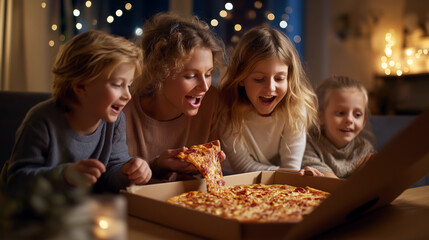Family opening a delivery pizza box on the living room table, kids excited, weekend night mood.