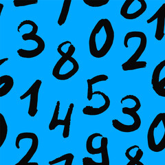Black hand drawn numbers scattered on blue background. Seamless pattern illustration. Mathematics and education concept.