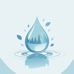Stylized blue water droplet illustration containing a winter pine forest scene with floating leaves.